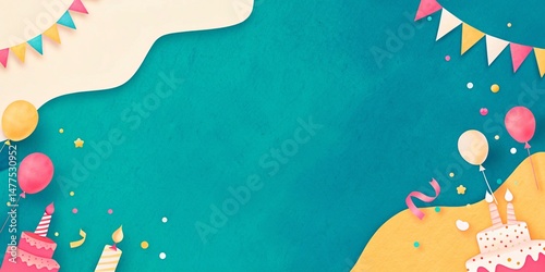 Colorful Birthday Celebration with Balloons, Cake and Fun Party Decorations on a rustic green background