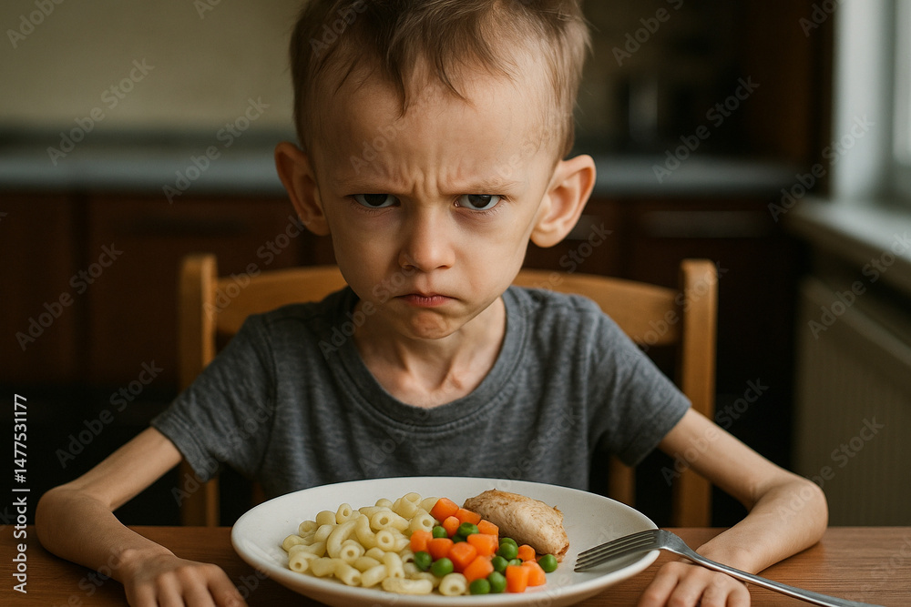 a boy who don't want to eat photo realistic a boy who don't want to eat photo realistic