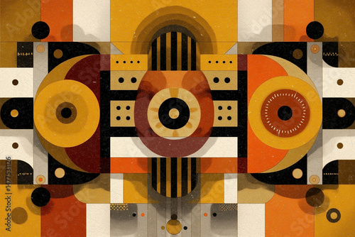A retro-inspired poster with bold, symmetrical shapes and earthy tones of mustard yellow, burnt orange, brown, white, beige and black