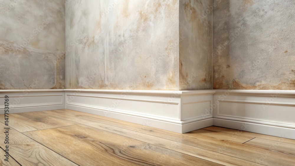 Naklejka premium White baseboard molding in corner against textured wall with light wood flooring