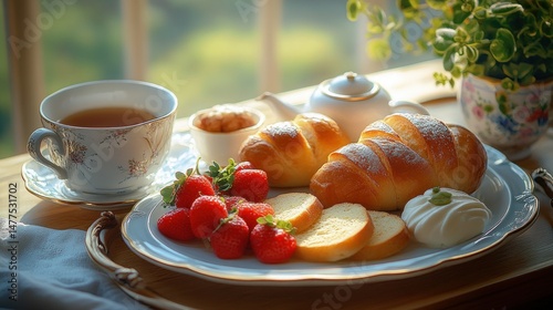Delightful breakfast platter with pastries, fresh strawberries, and a cup of tea.  A light and airy breakfast scene, perfect for a relaxing morning photo
