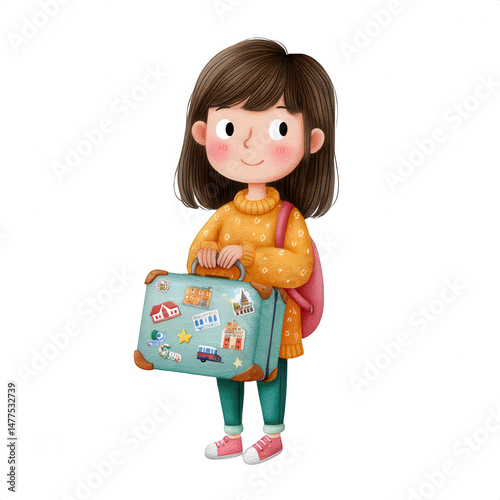 Cheerful girl with suitcase preparing for adventure, holding travel bag adorned with stickers, excited about exploring new destinations and experiences
