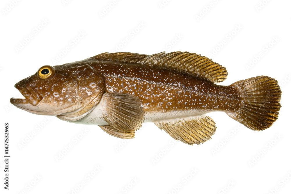 Naklejka premium Brown Lingcod Fish with Golden Eyes Isolated on Transparent Background Vector, a Popular Pacific Northwest Seafood