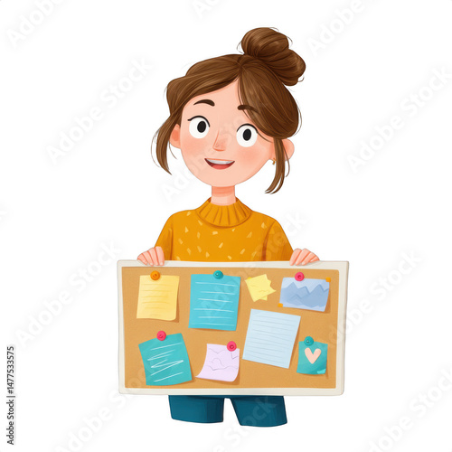 Young woman holding a cork board with colorful sticky notes and drawings, ideal for creative projects or organizational themes in stylish settings