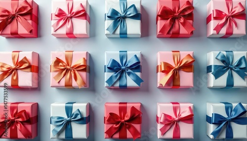 Elegant ribbon-tied gift boxes, repeating pattern, wallpaper, pastel