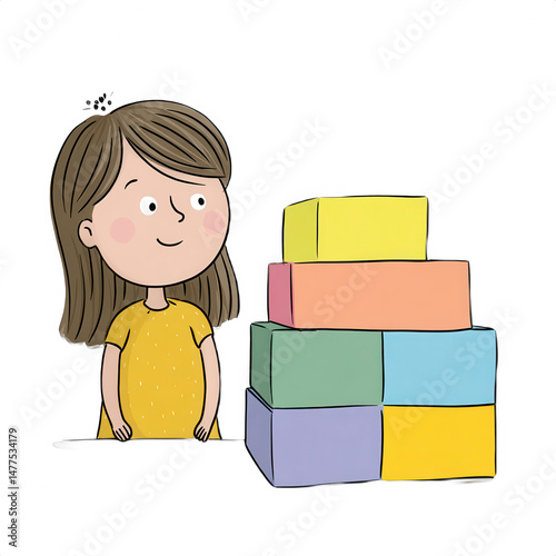Cute girl with long hair smiling next to colorful building blocks stacked in various shapes and sizes, perfect for children's education and playtime activities