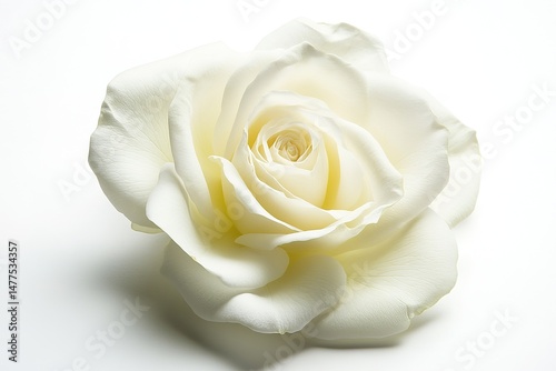 A single white rose with velvety petals and a lush center, isolated on a clean white backdrop