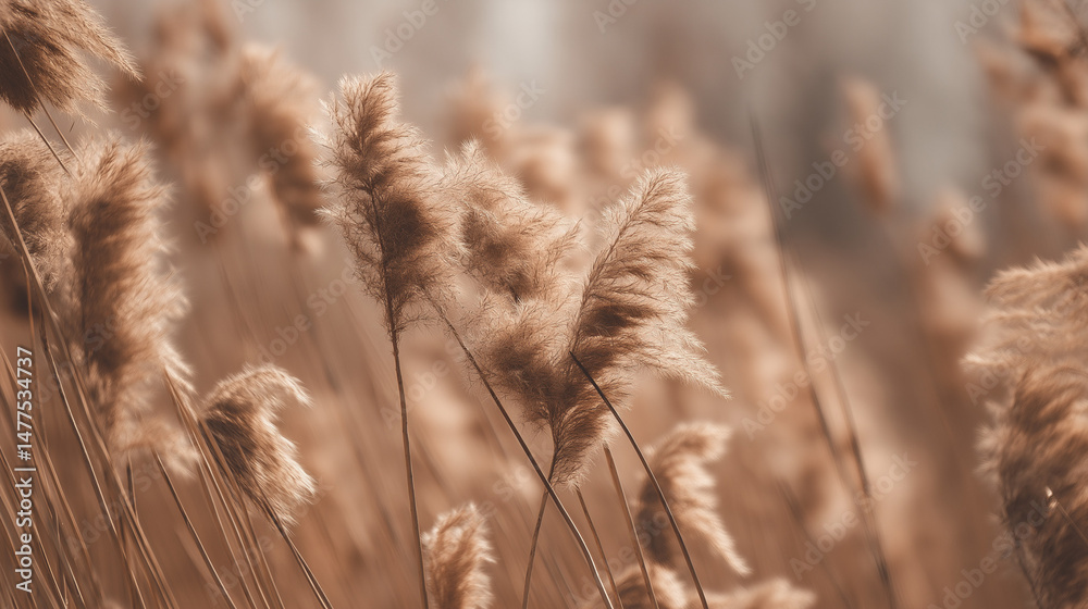 Fototapeta premium Pampas grass swaying in soft pastel hues, a dreamy boho landscape of serene natural beauty