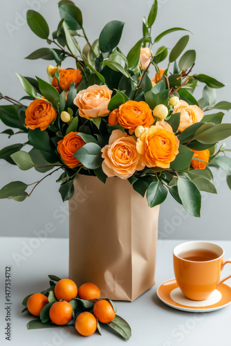 Vibrant bouquet of orange roses and greenery in a paper vase, accompanied by fresh oranges and a cup of tea on a light gray table, creating a warm and inviting atmosphere
