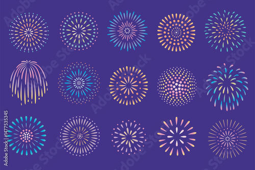 Colorful exploding festival fireworks isolated on blue background. flat cartoon. Design concept for holiday banner, poster, flyer, greeting, decoration
