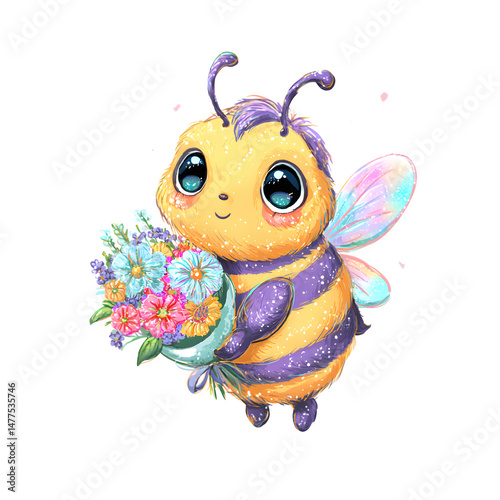 A kawaii-style bee carrying a small bouquet of colorful flowers, with sparkling eyes and adorable features, isolated with white background.