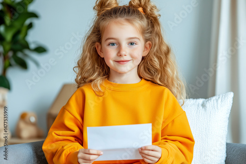 Young girl with curly hair wearing bright orange sweater is sitting on a cozy sofa, holding a blank piece of paper, smiling cheerfully in a well-lit indoor environment