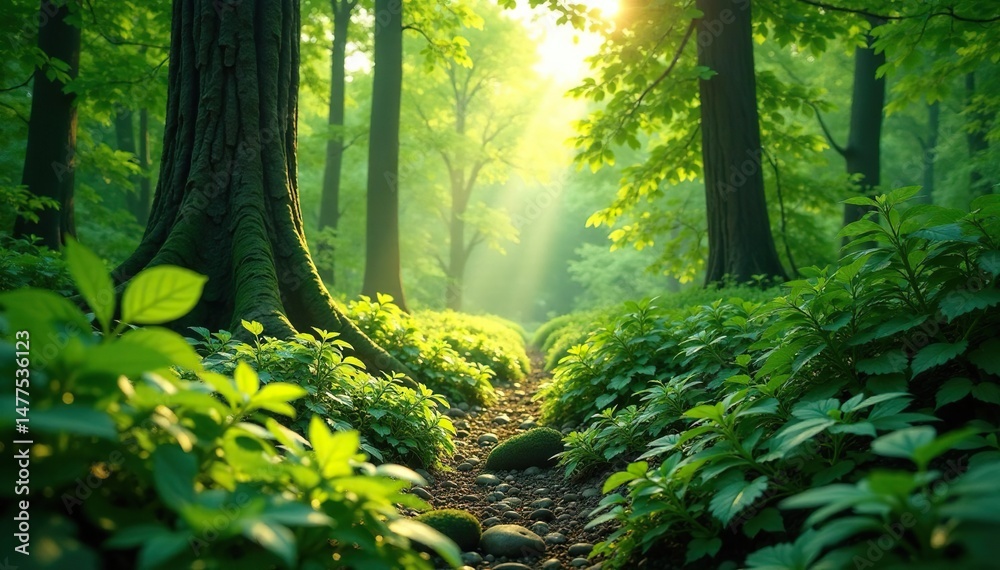 Fototapeta premium Lush forest green foliage, sunlight dappling through leaves , photo, trees