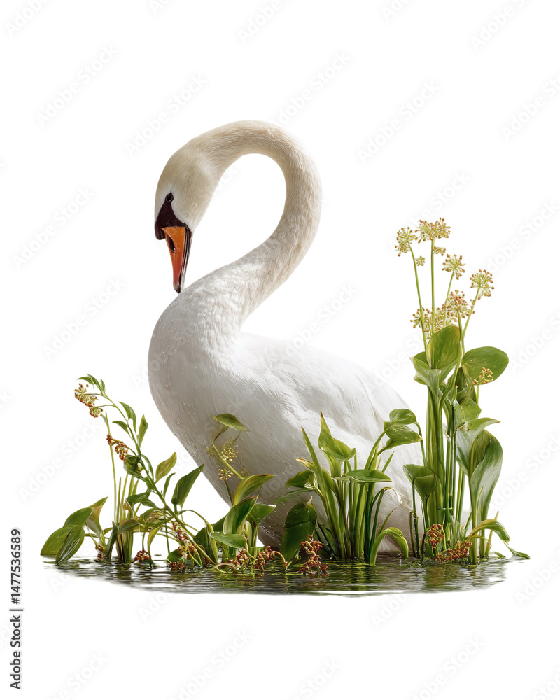 Obraz premium Elegant white swan gracefully swaying amidst lush green plants on a serene water surface