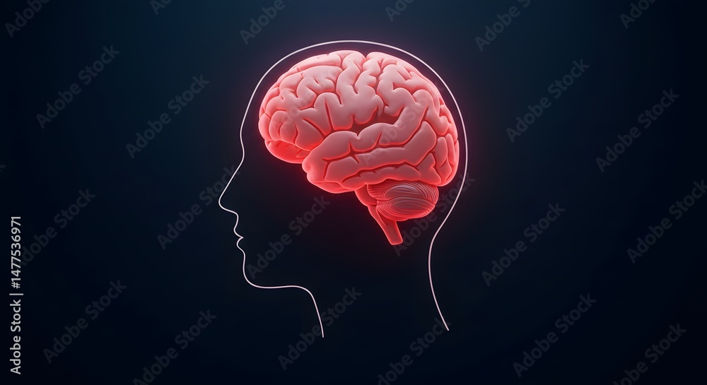 Obraz premium Brain Inside Head Outline Illustration on Dark Background