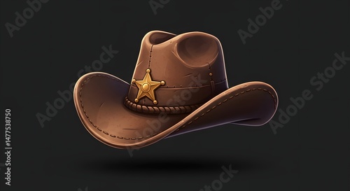 Brown Cowboy Hat with Star Badge Isolated on Dark Background