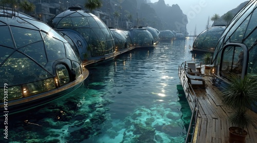 Futuristic underwater city with glass domes serene waters concept art tranquil environment