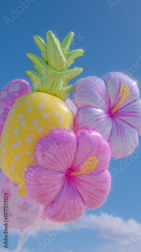 Tropical Party Balloons Featuring Hibiscus Flowers and Pineapples Against Blue Sky