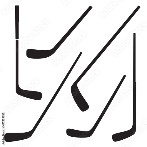 Sets of Crossed Hockey Sticks and Pucks Illustration, Crossed Hockey Sticks and Puck Icon, Collection of Black Hockey Sticks silhouettes
