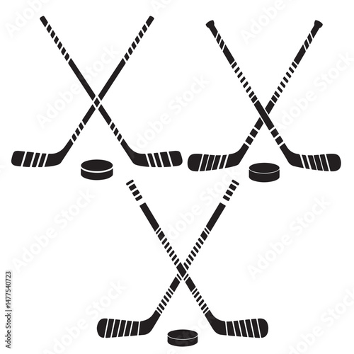 Sets of Crossed Hockey Sticks and Pucks Illustration, Crossed Hockey Sticks and Puck Icon, Collection of Black Hockey Sticks silhouettes