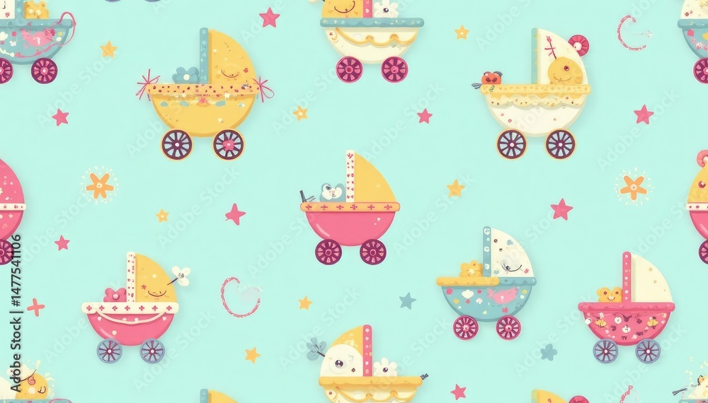 Fototapeta premium Cute stroller pattern, pastel colors and playful shapes, illustration, background