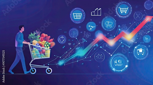Man pushing grocery cart with rising sales graph and digital icons.