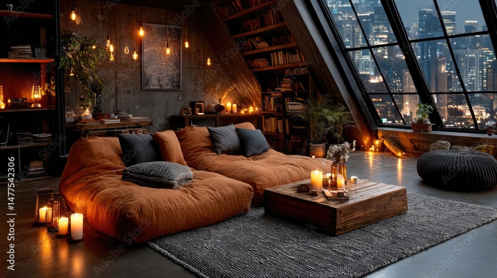 Fototapeta premium Warm cozy living room with bookshelves and soft lighting urban loft evening ambiance relaxation