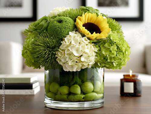 centerpiece using summer flowers (sunflowers, hydrangeas, etc.).