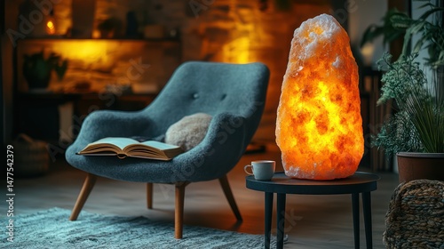 Cozy self-care nook with tea, a blanket, a salt lamp, and a book for peaceful relaxation. photo