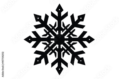 An intricate snowflake with unique geometric shapes displays bold pattern against bright background