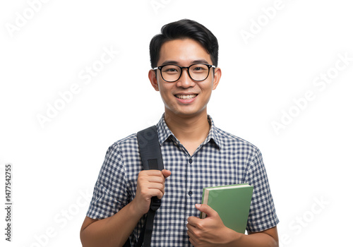 Smiling student with book isolated on transparent background