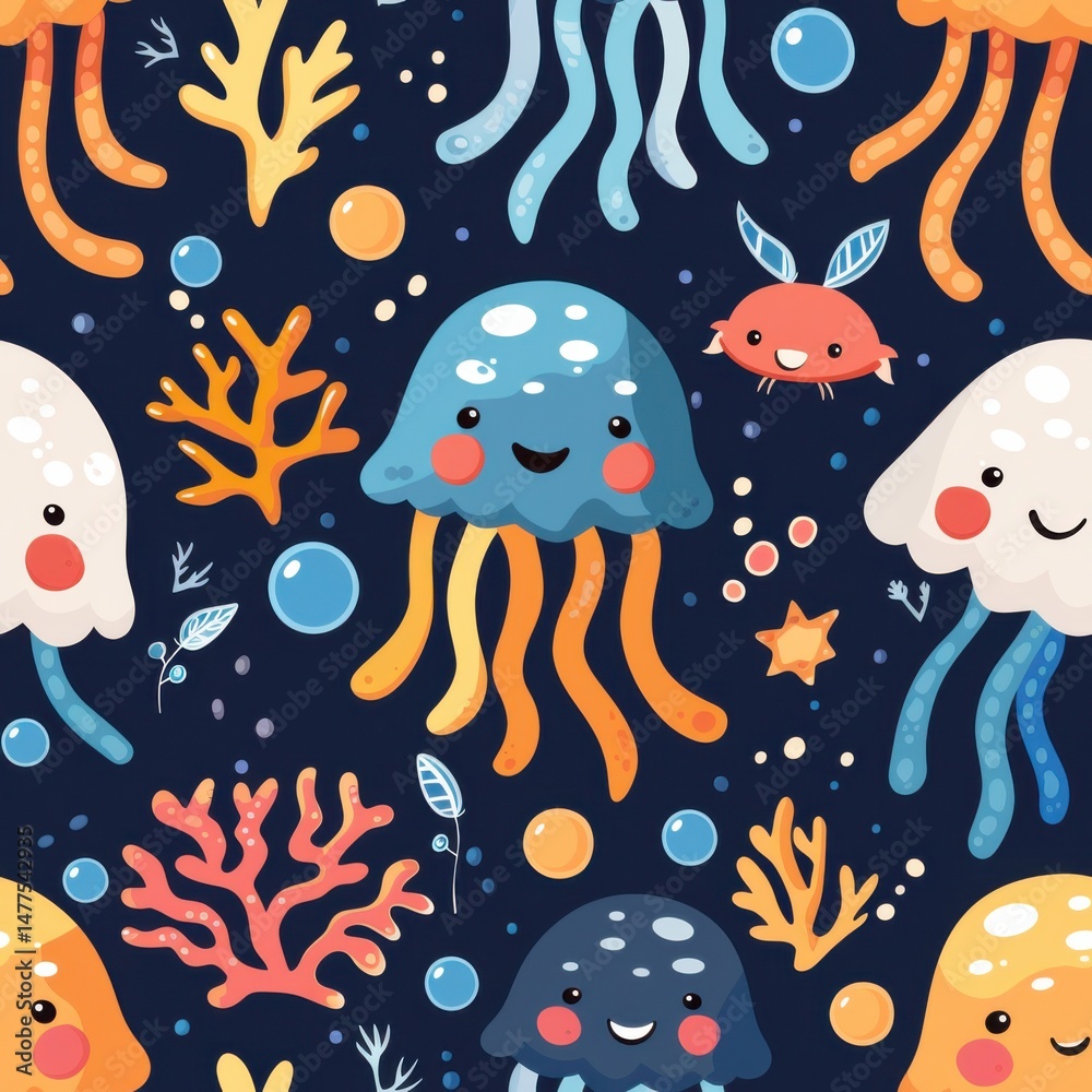seamless repeating pattern of bright cartoon jellyfish, fish, seahorses, starfish, and undersea plants seamless repeating pattern of bright cartoon jellyfish, fish, seahorses, starfish, and undersea plants