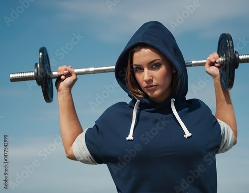 Young Caucasian woman confidently lifting a barbell outdoors against a blue sky.