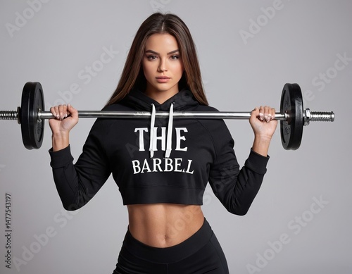 Confident young woman lifting a barbell, showcasing strength and determination in athletic wear.