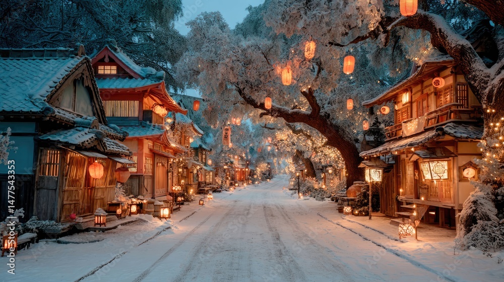 Fototapeta premium Enchanting winter night in a lantern-lit village snowy street magical atmosphere scenic view