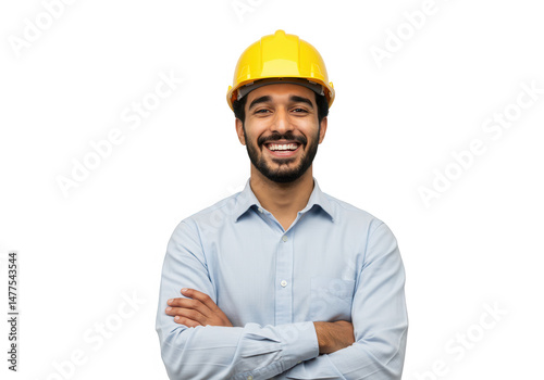Smiling engineer with hardhat isolated on transparent background