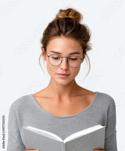 Young woman reading a book with glasses in a casual setting photo
