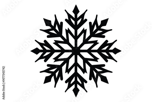 Detailed black snowflake design displays intricate symmetrical patterns against a white backdrop