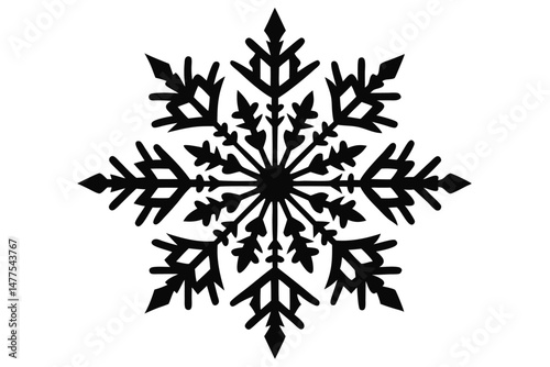 Ornate black snowflake shines against the stark white backdrop with intricate crystalline symmetry