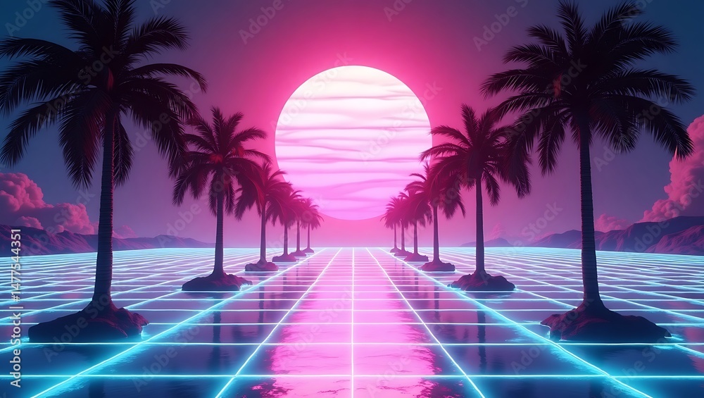 Naklejka premium Synthwave Palm Trees Retro Futuristic Sunset Landscape