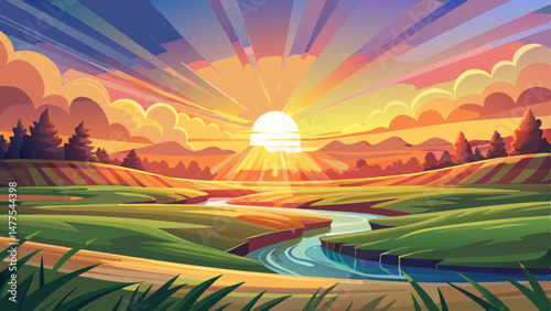  The first rays of the rising sun spill across the landscape like liquid light, casting long soft shadows and bathing the field in a warm, serene glow. It’s a moment of quiet awakening and gentle beau