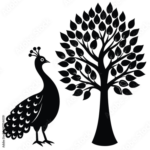 A black bird stands next to a tree with a bird on it