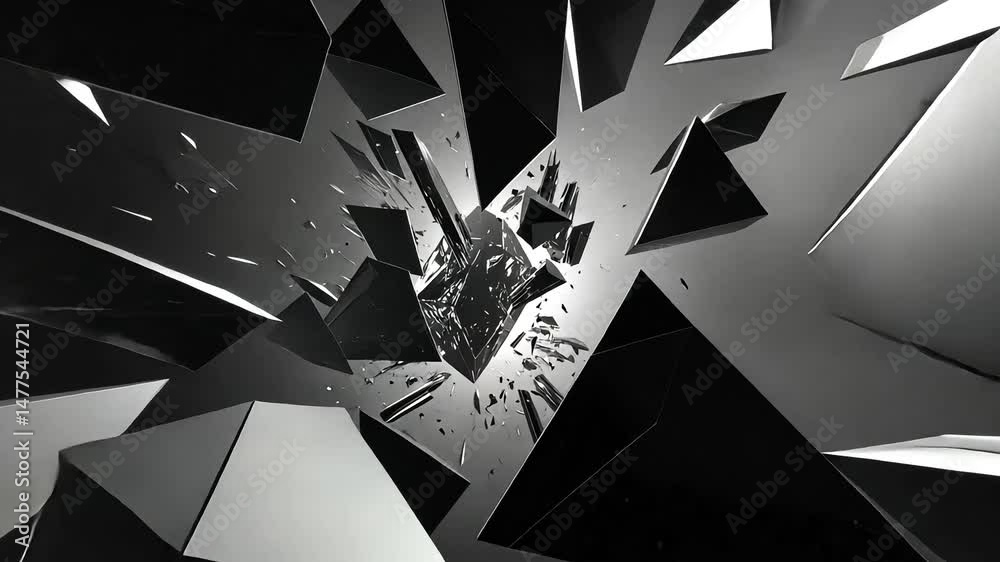 Shattered black and grey triangular shards explode outwards from a central point, creating a dynamic, abstract image