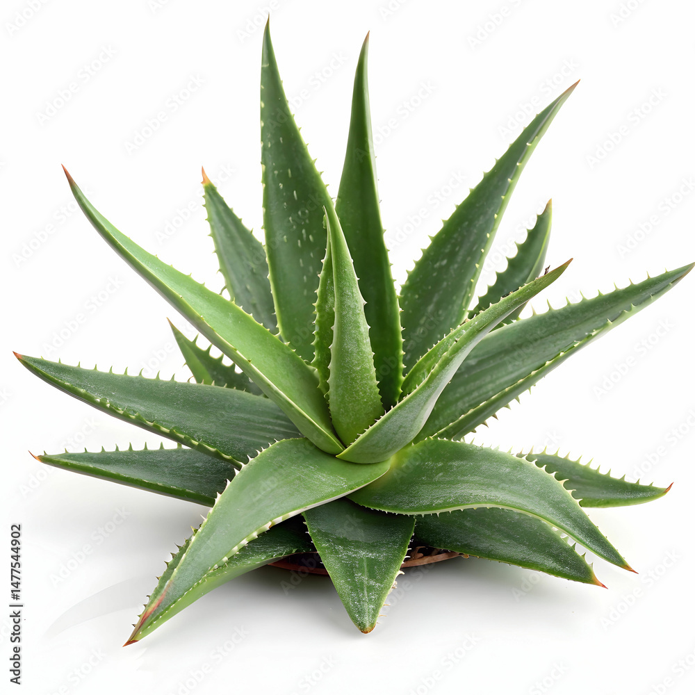 Fototapeta premium An aloe vera plant isolated on a white background, showcasing its thick, green, spiky leaves rich in soothing gel