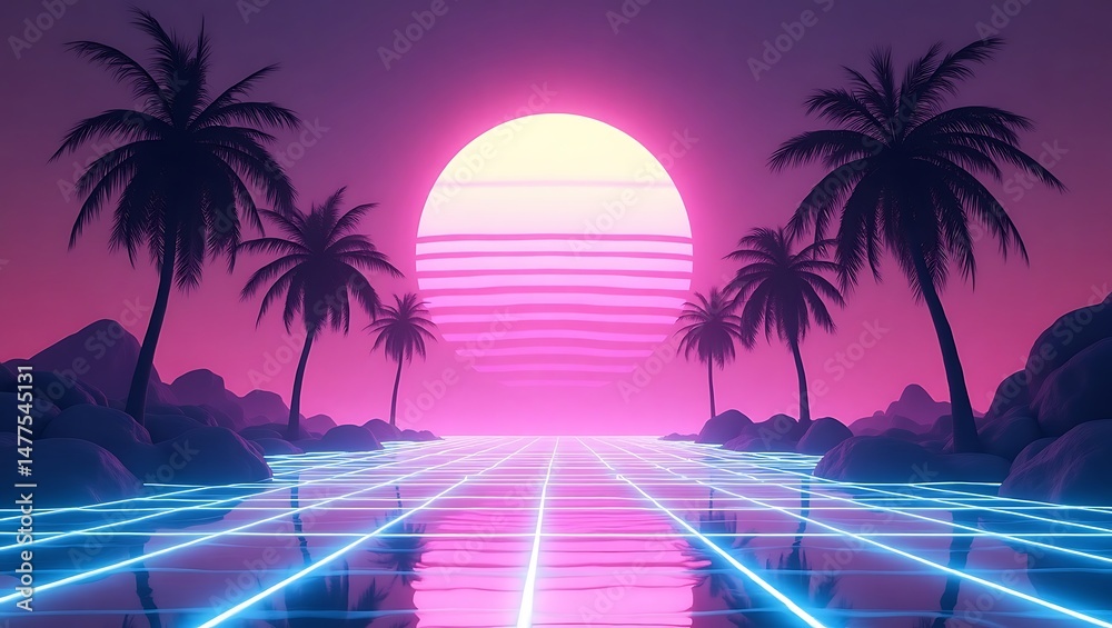 Naklejka premium Synthwave Sunset Retro Palm Tree Paradise Grid Landscape