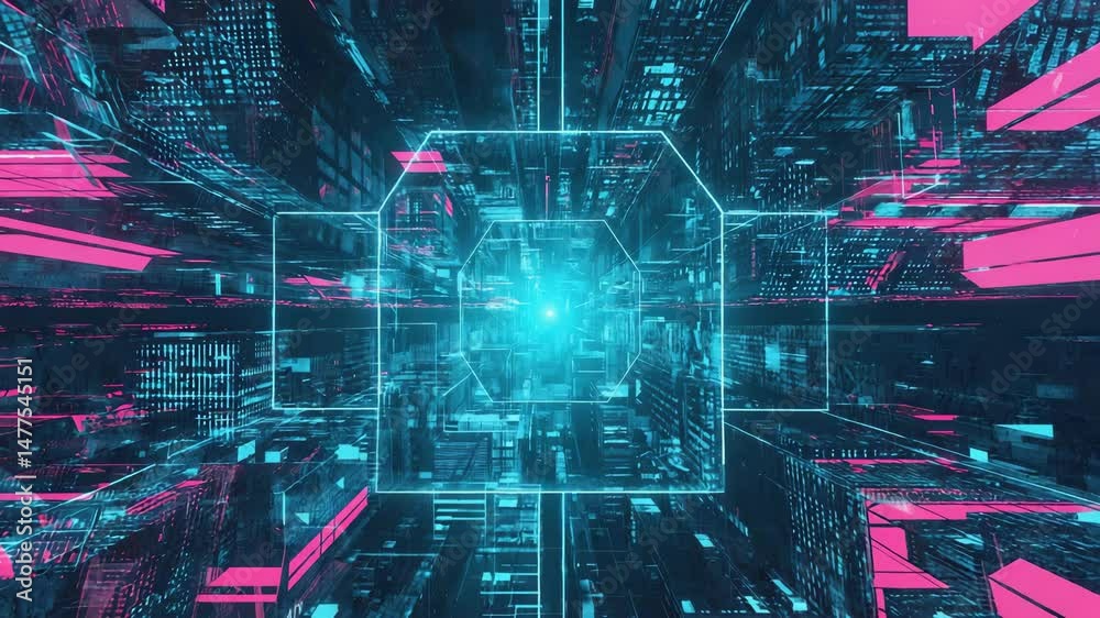 Abstract digital network visualization with bright futuristic elements of neon blue and pink colors for modern concepts