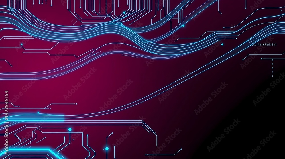 Obraz premium Abstract background with glowing blue circuit board lines blending into organic flowing shapes against a reddish-purple gradient.