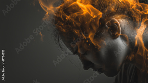 emotional burnout double exposure portrait with fire – ideal for illustrating psychological themes like stress, inner turmoil, anxiety, or emotional exhaustion in therapy ads, mental health blogs