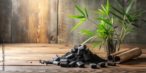 Wallpaper Mural Dark Confectionery Cubes Resting on Charcoal Powder Beside Greenery and Wooden Cylinders on Rustic Wood Torontodigital.ca
