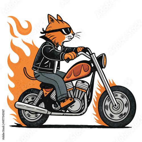 A cool biker cat with sunglasses rides a custom chopper motorcycle engulfed in flames, detailed illustration.